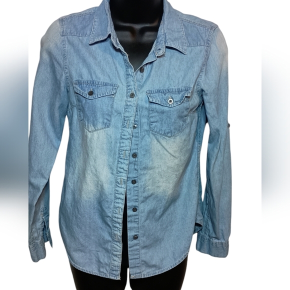 A'gaci Jeans Distressed Faded Denim Button Down Shirt Size Small - Picture 1 of 4